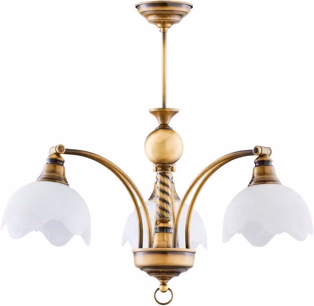 Lampadario vintage 3 luci ottone patinato vetro bianco
