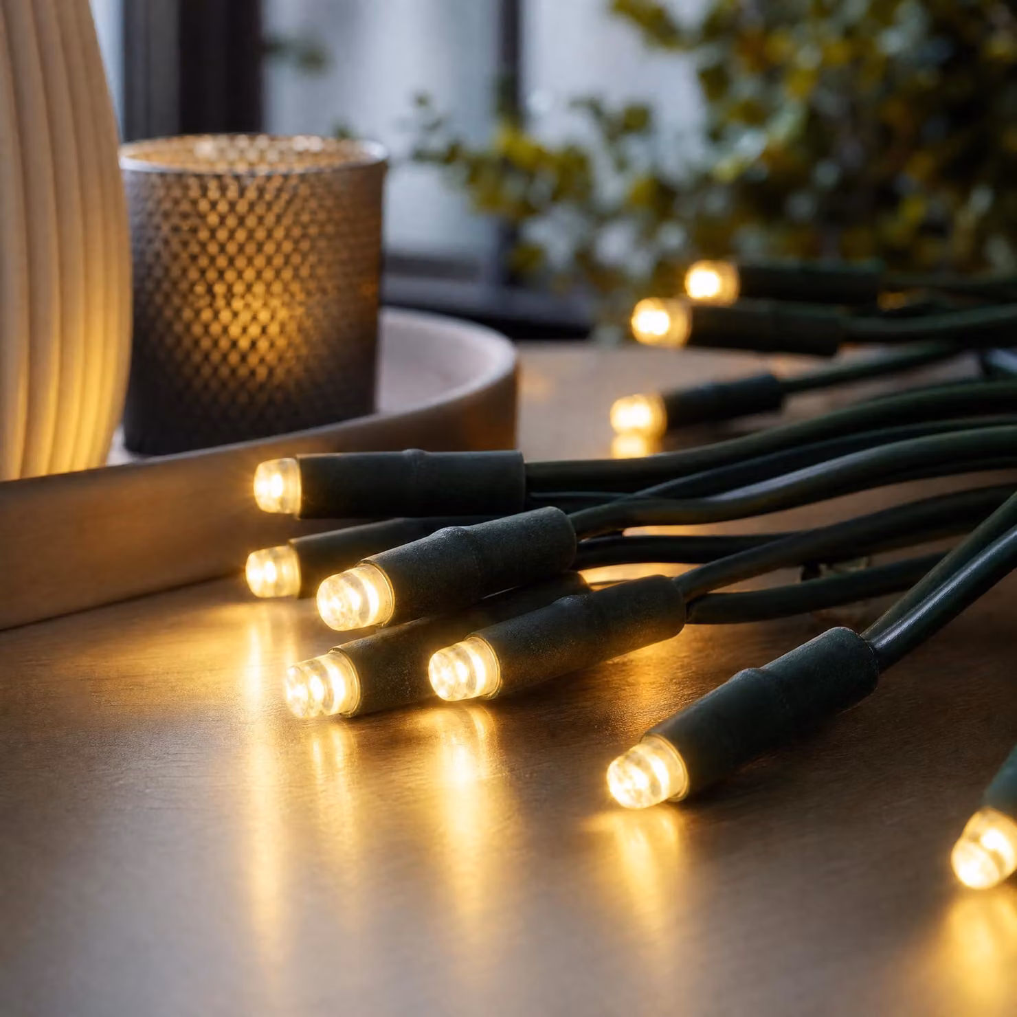 Catena luminosa a LED per interni, 35 LED, 5,1 metri, luce bianco caldo, cavo verde