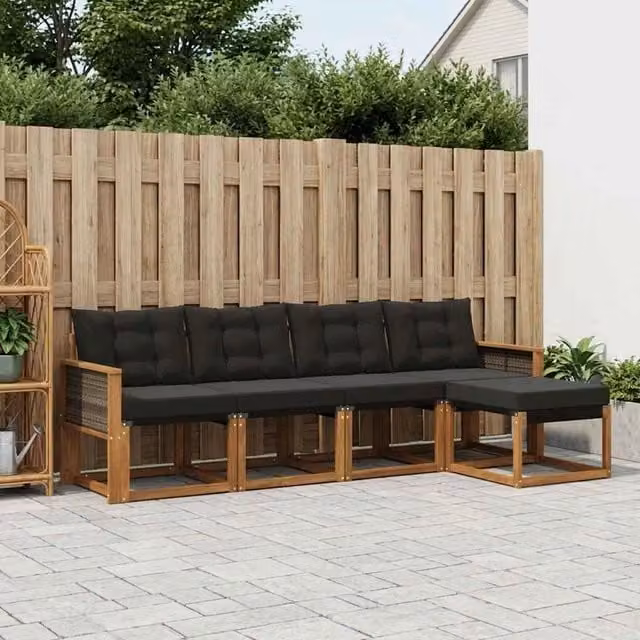 Set di divani da esterno a L vidaXL in legno di acacia con pouf e cuscini, colore marrone e nero
