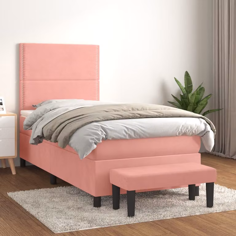 vidaXL Letto Ibrido con Giroletto a Molle e Materasso in Velluto Rosa e Bianco L/P/H: 200 x 90 x 128 cm