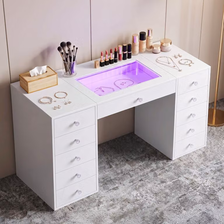 Comò da trucco VANITII con illuminazione a LED, 11 cassetti, bianco, 130 x 55 x 81 cm
