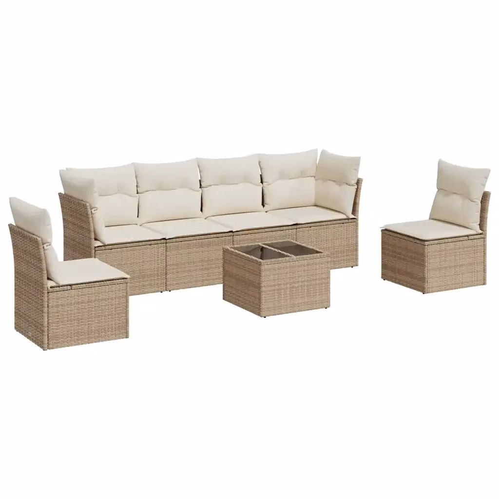 vidaXL Set Divani da Giardino 7 pz in Polyrattan con Cuscini Beige e Tavolino da Esterno – 2