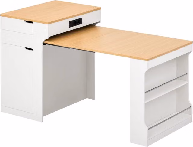 Isola cucina con ruote e tavolo estraibile, piano MDF/PB, bianco, 55-153x80x93 cm
