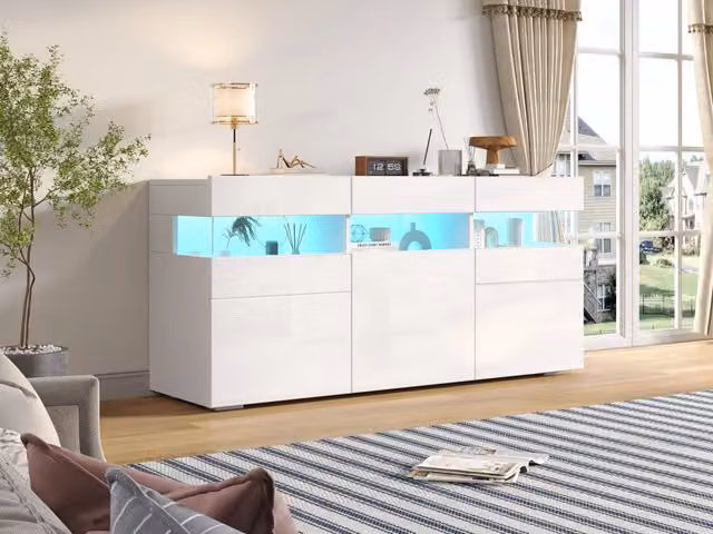 Credenza Minimal in bianco lucido con 3 ante, 7 scomparti e illuminazione LED integrata L: 140 cm, P: 40.5 cm, H: 66.5 cm – 1