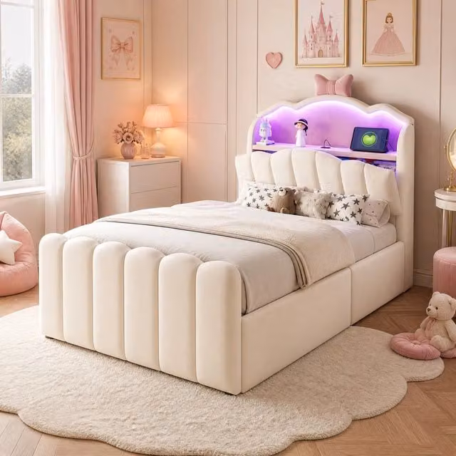 Letto per bambini 90x200 cm in velluto beige con contenitore, senza materasso –