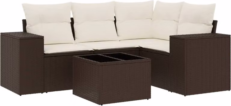 Set Divano da Giardino 5 pz con Cuscini Marrone in Polyrattan