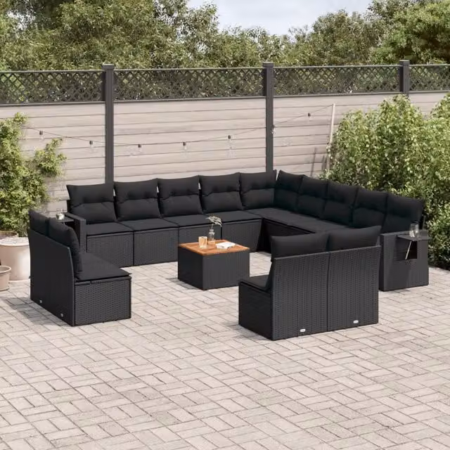 Set di divani da giardino moderno VIDAXL in polyrattan nero con 14 pezzi e cuscini inclusi – 1