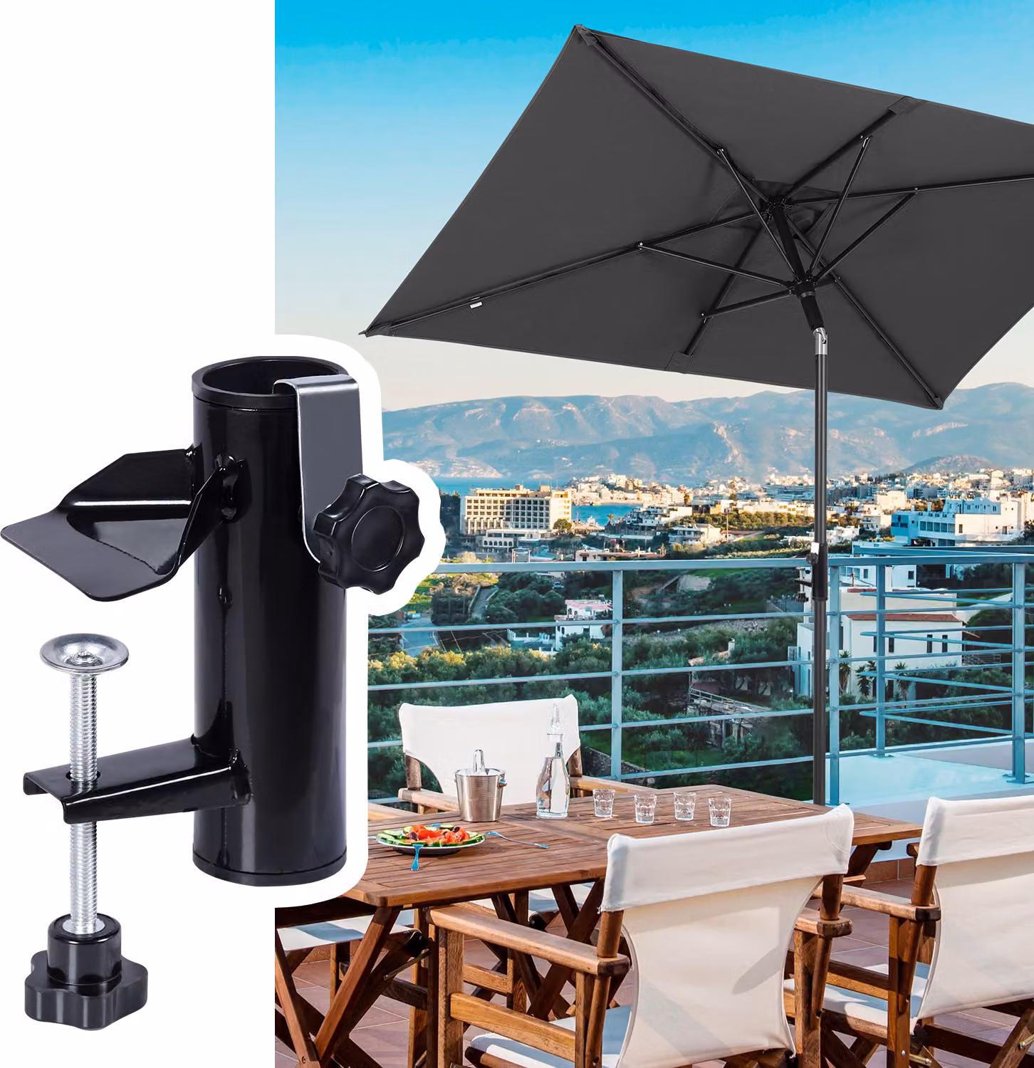Ombrellone Sekey per balcone, rettangolare 200×125 cm. Ombrellone da giardino con fissaggio alla ringhiera del balcone, protezione UV50+, inclinabile, per balcone e terrazza, grigio