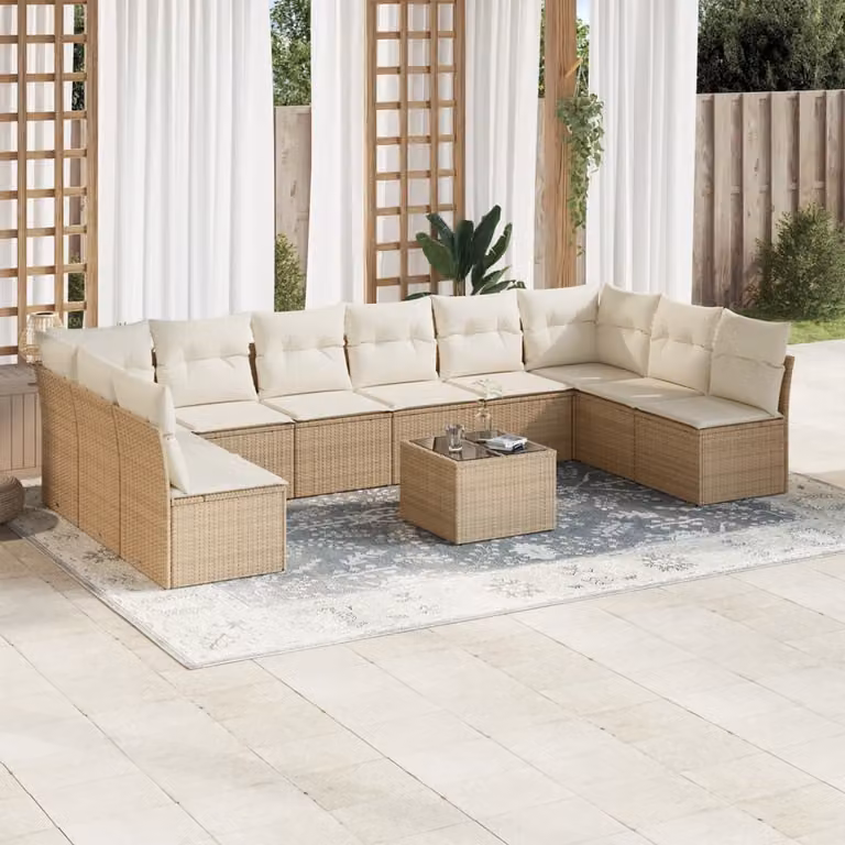vidaXL Set Divani da Giardino 11 pz in Polyrattan con Cuscini Beige e Tavolino da Esterno