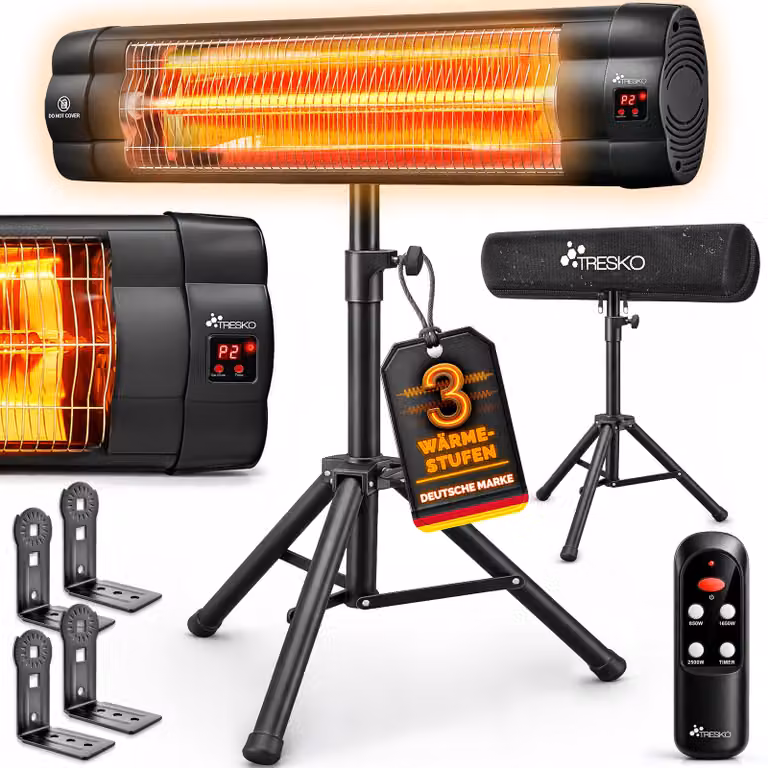 TRESKO riscaldatore radiante a infrarossi 2500W nero con telecomando e copertura | riscaldatore radiante elettrico con 3 livelli di riscaldamento | riscaldatore da patio per interni ed esterni | riscaldatore a infrarossi regolabile in altezza