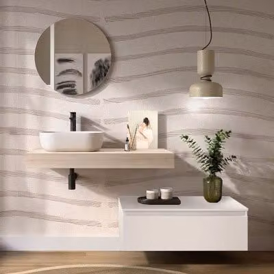 Composizione bagno Sumo con mensolone da 100 cm in rovere bali e cassettiera sospesa da 80 cm in bianco opaco