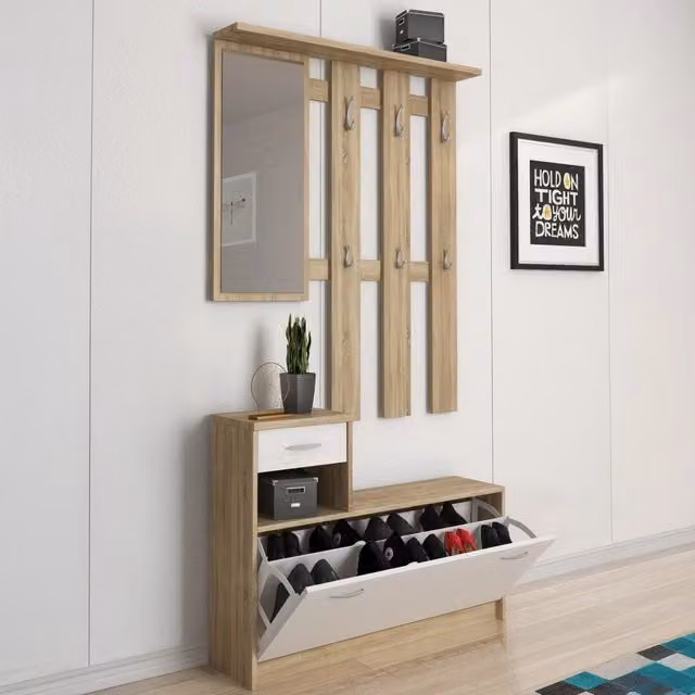 DMORA Mobile da Ingresso Garolfo con Specchio, Bianco e Rovere, L: 100 cm, P: 25,5 cm, H: 190 cm – 1