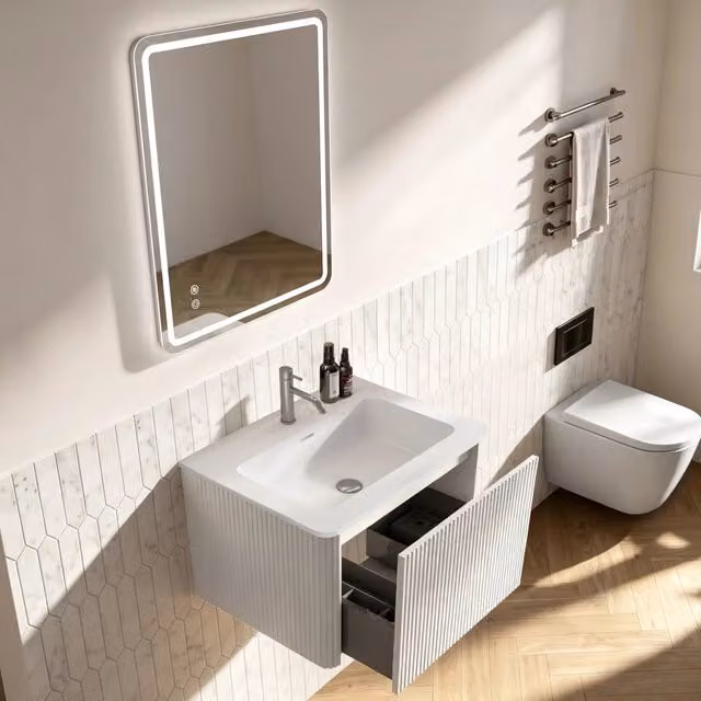 Mobile sottolavabo sospeso con lavabo integrato e specchio LED antiappannamento con bordi arrotondati
