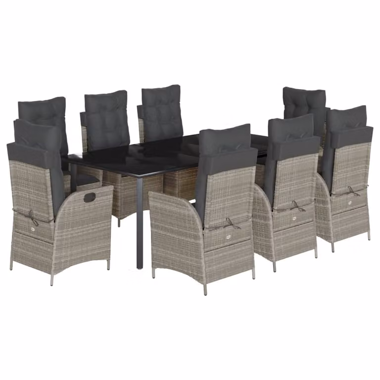 Set Pranzo da Giardino 9pz con Cuscini Grigio Chiaro Polyrattan