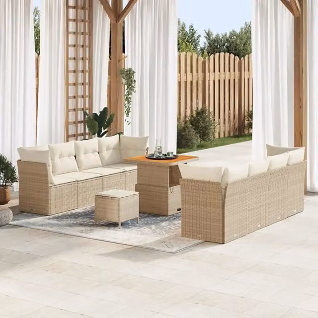 Set Divano da Giardino vidaXL 11 Pezzi Beige con Cuscini e Tavolino per 8 Persone