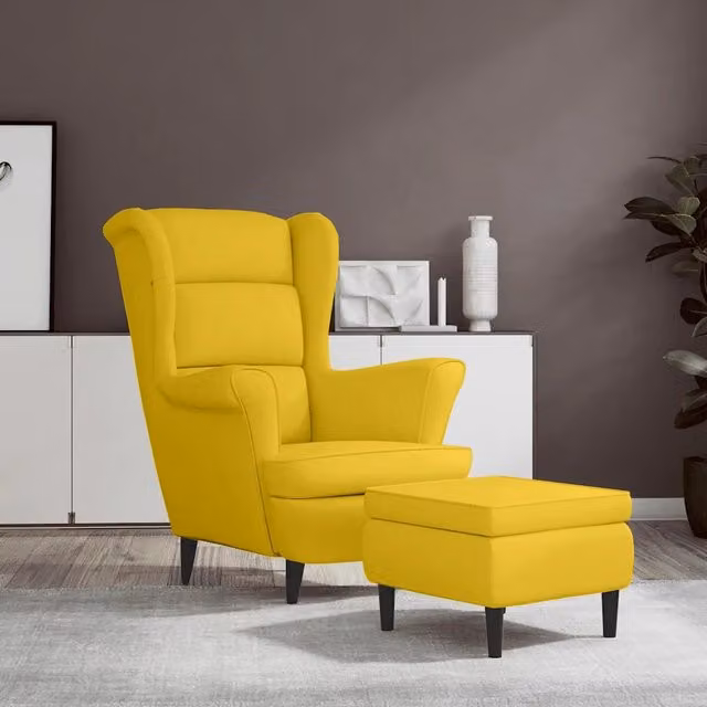 Poltrona Schienale ad Ala con Poggiapiedi vidaXL in Velluto Giallo Senape L: 96.5 cm, P: 78.0 cm, H: 90.0 cm – 1