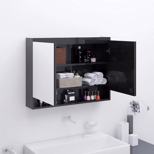 Armadietto da bagno Design Mania con specchio in MDF nero lucido, L: 80 cm, H: 60 cm, P: 15 cm