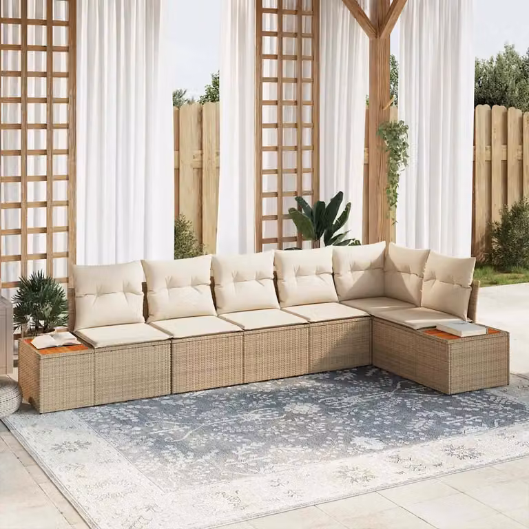 Set Divano da Giardino vidaXL 6 Posti a Forma di L Beige e Bianco con Cuscini e Tavolino da Esterno