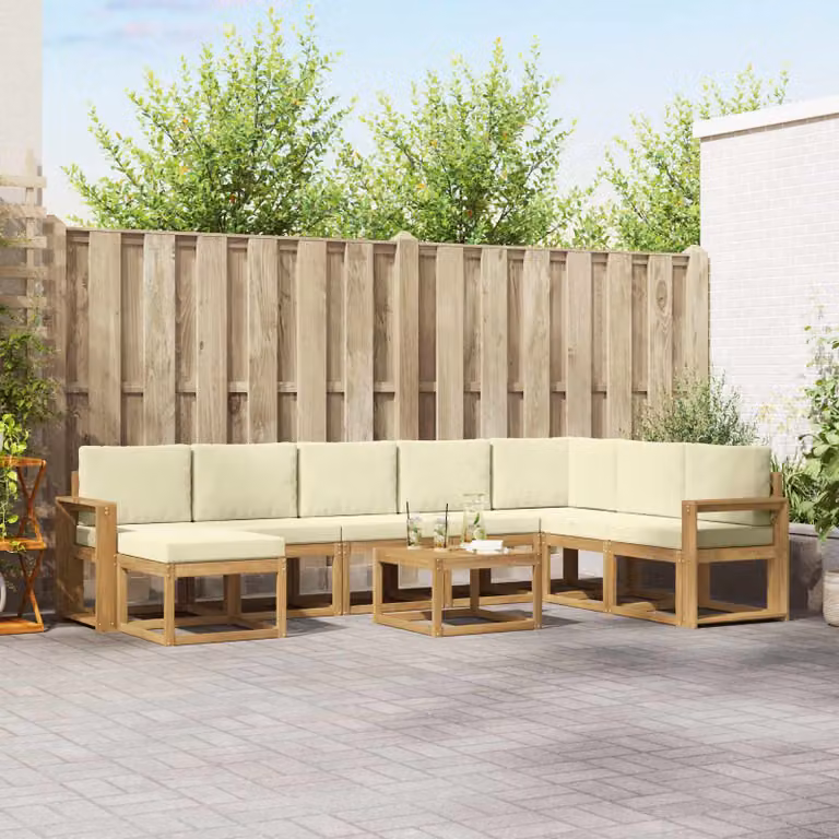 Set di divani da esterno vidaXL 9 pz in legno di acacia con pouf e tavolino, Bianco, Beige e Marrone