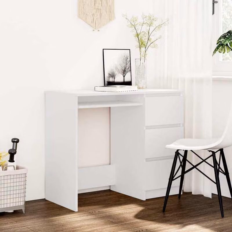 Scrivania – 90x45x76 cm – Legno massello bianco – Design minimalista con cassetti integrati e ampio spazio di lavoro