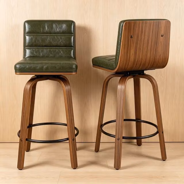 Sgabello da bar girevole MIVRAY in similpelle verde con schienale ergonomico e gambe in legno di faggio