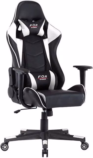 Sedia da gaming Casa Vital in ecopelle a righe bianco e nero con poggiatesta, braccioli e ruote, ideale per ufficio o casa