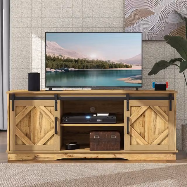 Mobile TV REDOM in legno color marrone con ante scorrevoli, stile rustico, L 150 cm x P 40 cm x H 60 cm