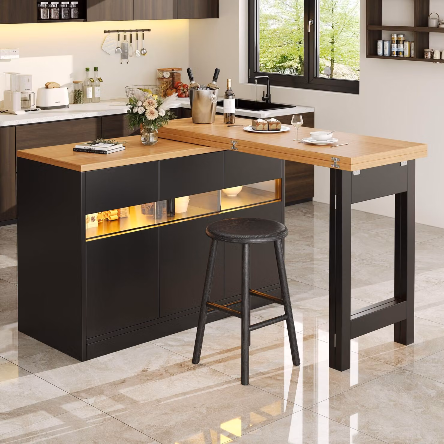Tavolino bar allungabile con illuminazione LED controllabile tramite app, girevole a 360°, isola da cucina con ante in vetro, mobile contenitore da pranzo, ideale per il soggiorno, colore nero