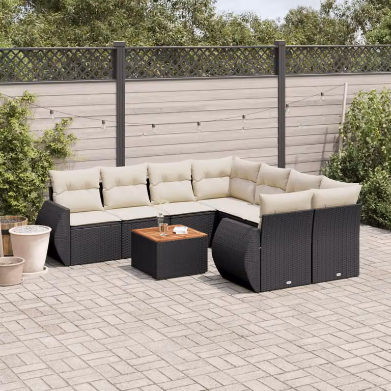 Set di divani da giardino vidaXL a forma di L composto da 9 pezzi in polyrattan nero con cuscini inclusi