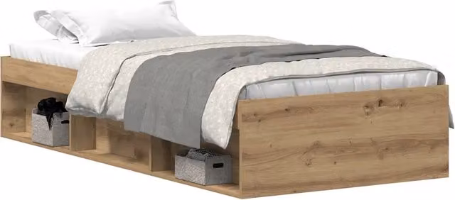 Letto singolo artigianale in legno di pino color rovere con doghe piatte fisse L: 75 cm, P: 190 cm
