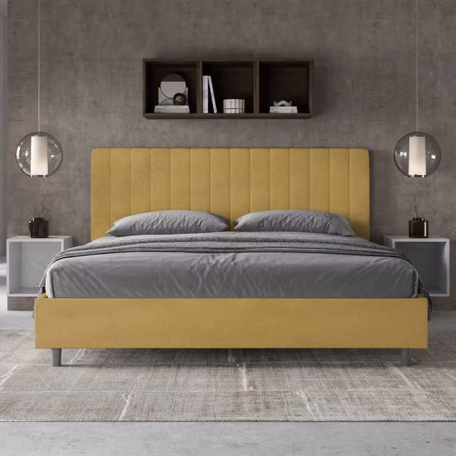 Letto matrimoniale king size con contenitore Agueda ityhome, imbottito in microfibra, colore ocra, L 190 x P 210 cm