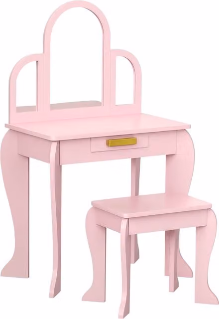 Set da trucco HOMCOM per bambine dai 3 ai 6 anni con sgabello, specchio e cassetti, in legno di pino e MDF, colore rosa