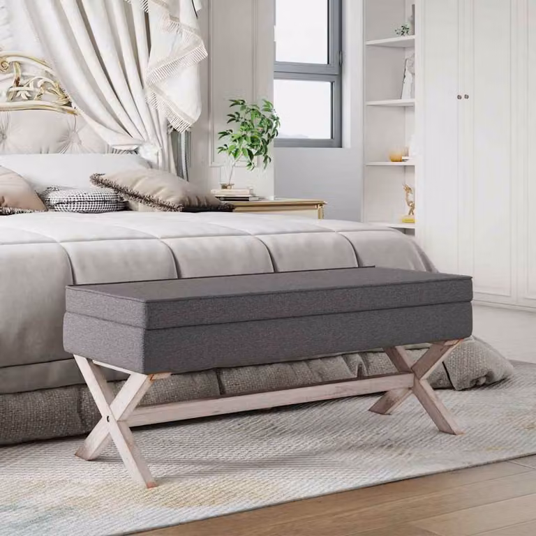 Sgabello portaoggetti vidaXL in tessuto grigio con struttura in legno L: 110 cm, P: 45 cm, H: 49 cm