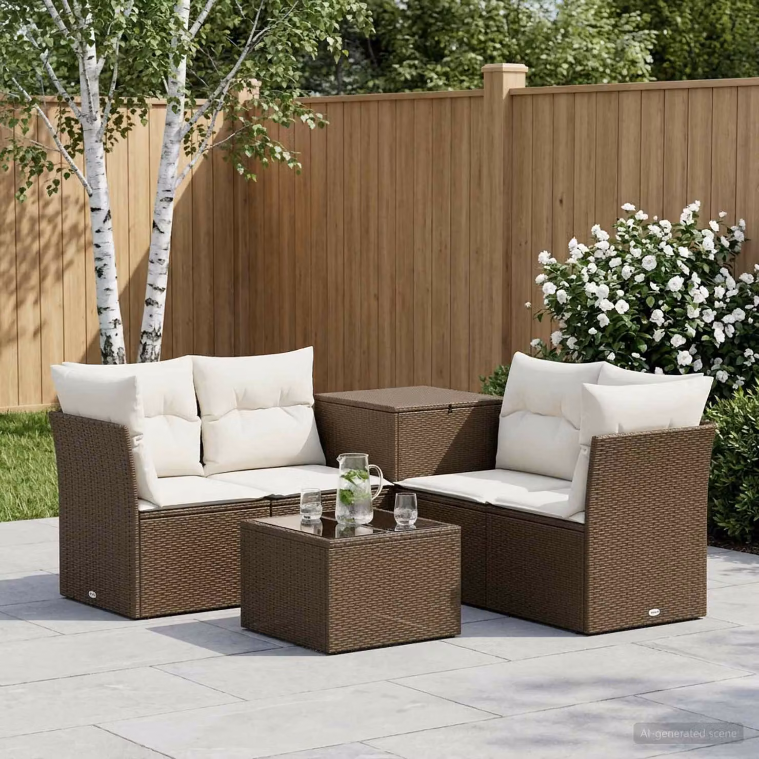 Set di divani da giardino vidaXL in polyrattan marrone e bianco crema con tavolo da caffè e pouf, design moderno a forma di L per esterno