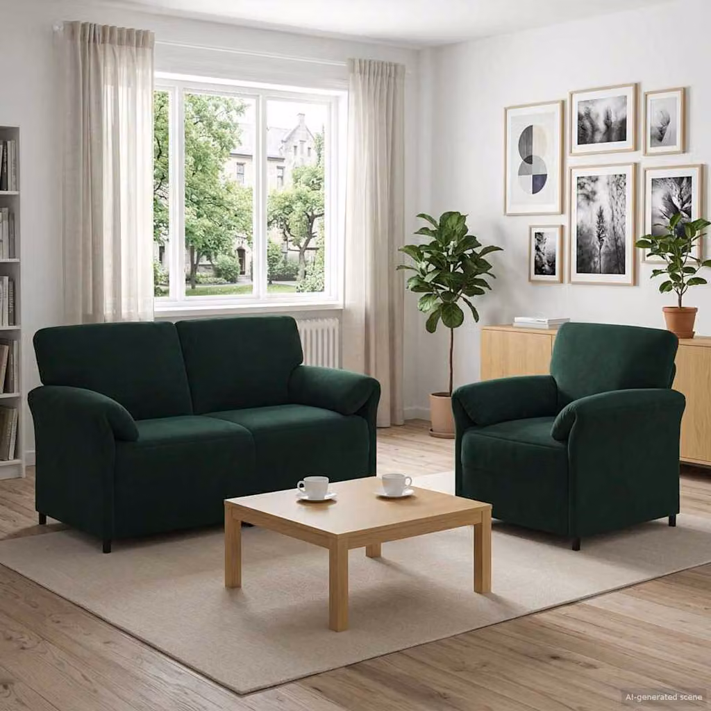 Set di 2 divani moderni vidaXL in velluto verde scuro con struttura in metallo e cuscini inclusi