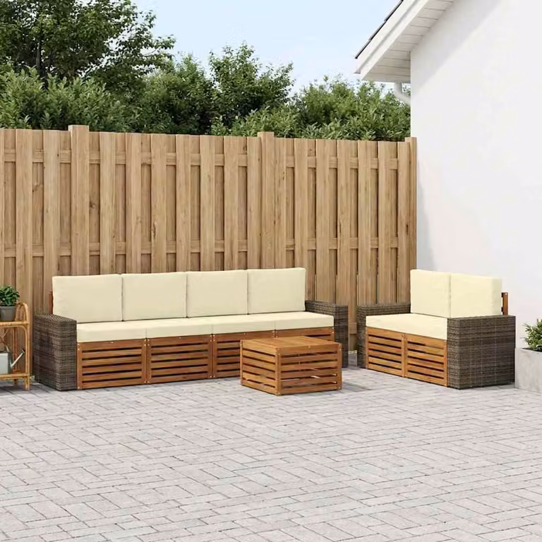 Set di divani da esterno vidaXL 7 pz in legno di acacia con tavolo da caffè e cuscini, colore beige, bianco e marrone