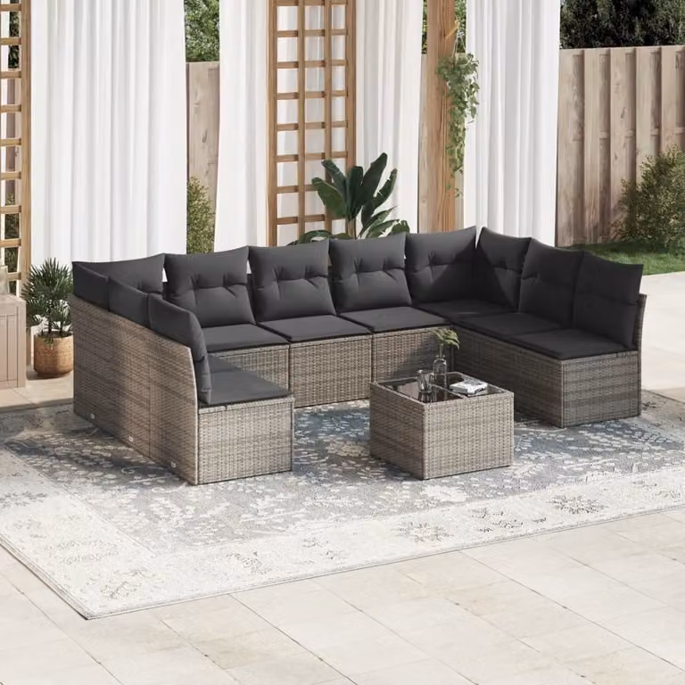 vidaXL Set Divano da Giardino 10 pz a Forma a L con Cuscini Grigio in Polyrattan e Tavolino da Esterno