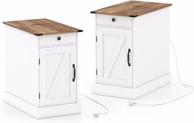 Set di 2 comodini camera letto stretto ricarica coperchio ribalta cassetto, Comodino tavolino piccolo vassoio rimovibile armadio Bianco