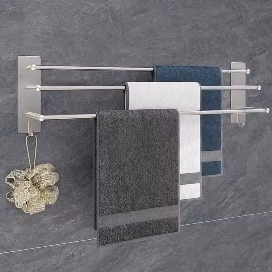 Sostegno per asciugamani 75 cm in acciaio inossidabile senza perforazione - Autoadesivo - 3 bracci - Incluso due ganci - Per cucina, bagno, camera