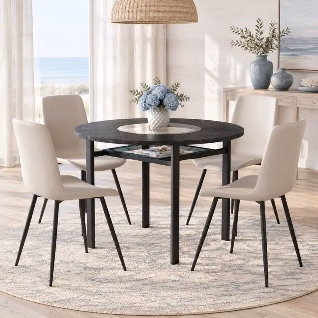 Set da pranzo MIVRAY composto da tavolo rotondo in MDF nero effetto legno e 4 sedie in PU grigio caldo