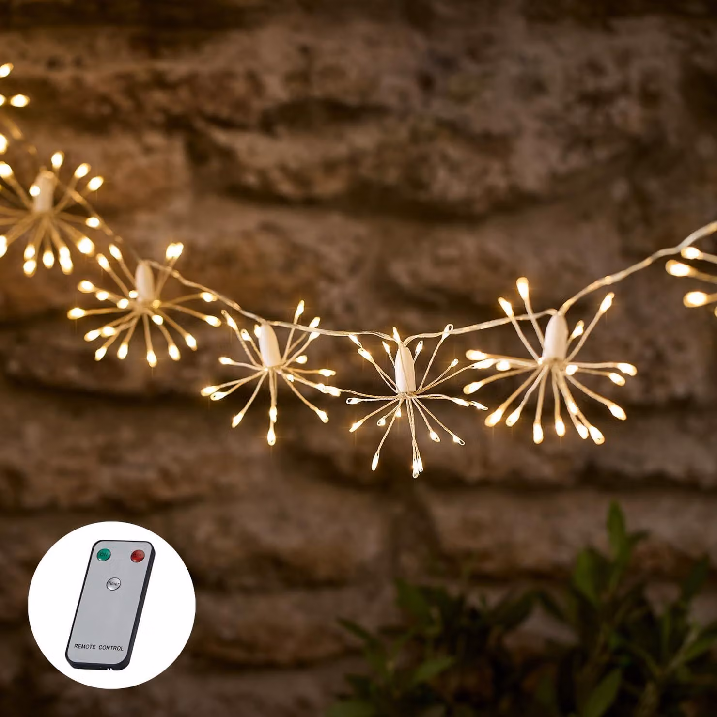 Catena luminosa solare con 200 LED bianco caldo, lunghezza 5 metri, grado di protezione IP44, con telecomando