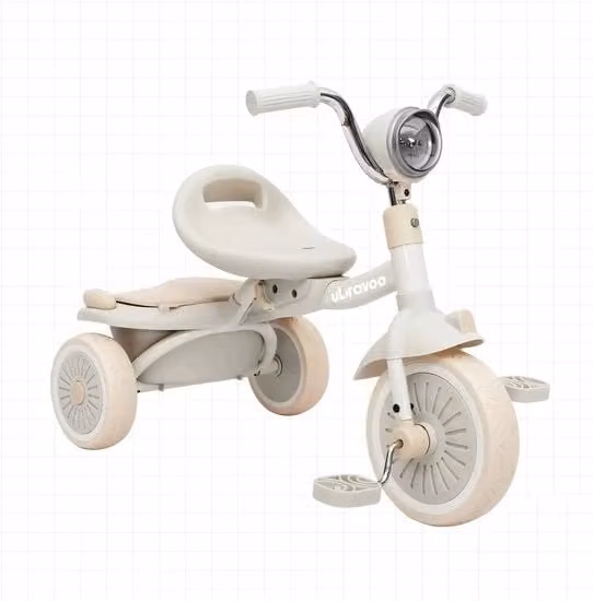 Triciclo pieghevole per bambini con luce e suono, sedile regolabile e borsa porta oggetti, colore beige