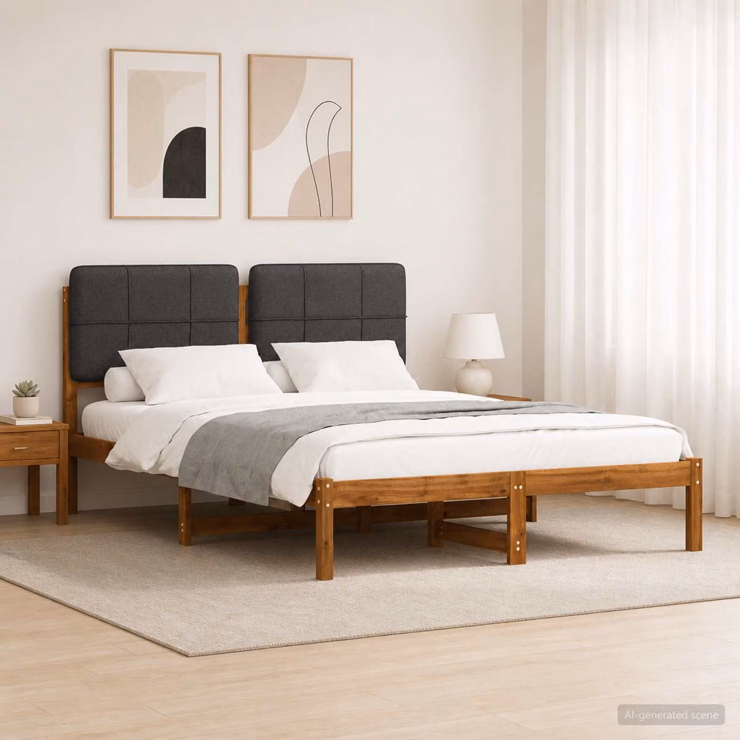 Letto con Testiera Rivestita vidaXL in Legno di Acacia e Tessuto, Colore Naturale e Grigio Scuro, L/P/H: 140 x 200 x 85 cm