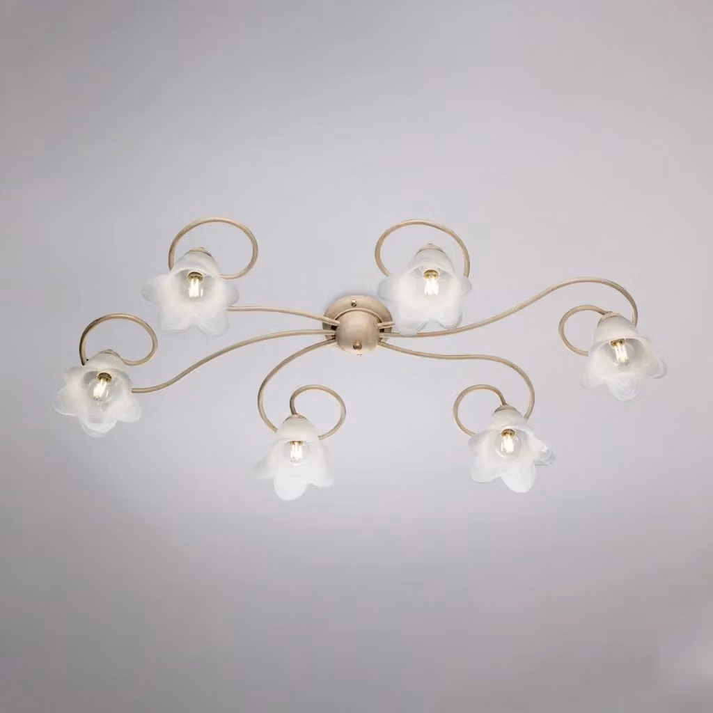 Plafoniera Alice BELIGHT con 6 Luci in Metallo e Vetro, Colore Avorio e Oro con Vetro Bianco – 2