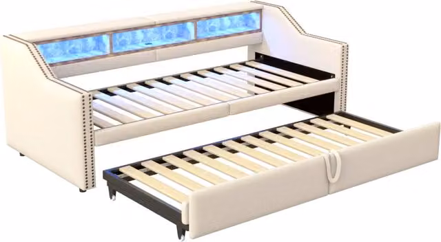 Poltrona Letto Estraibile 90/180 x 200 cm con Contenitore, LED e Porta USB, Struttura Imbottita Beige con Rete a Doghe