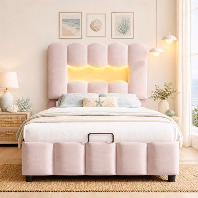 Letto imbottito 90x200 cm con illuminazione LED, contenitore idraulico e testiera regolabile in velluto rosa