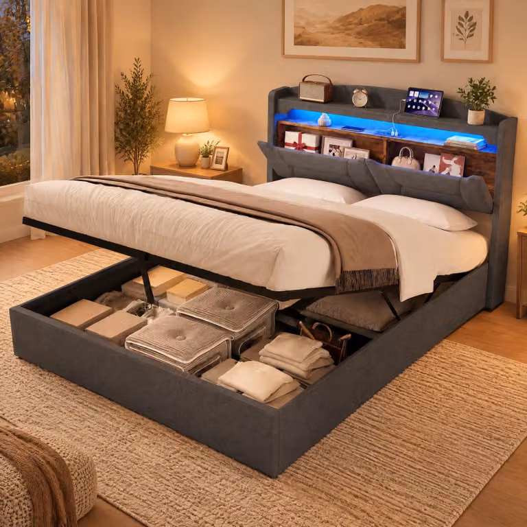 Letto con boxspring INONEFT, 140x200 cm, con LED e caricabatterie USB, letto contenitore con cassone, letto imbottito idraulico con spazio contenitore/rete, tessuto in lino, colore grigio