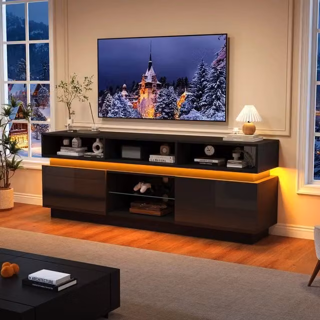 Mobile TV LED con Vetro Temperato ¨C Xylo ¨C Nero, 160x35x60 cm, MDF Lucido