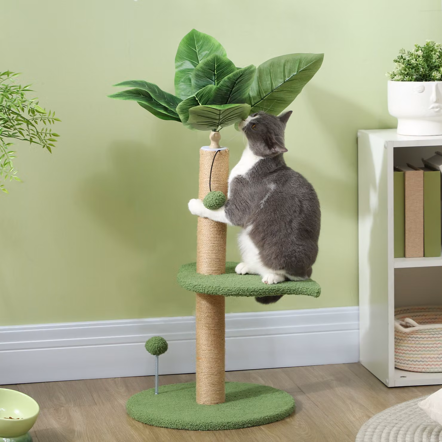 Albero per gatti PawHut con tiragraffi e giocattoli integrati, in peluche e legno, Verde, Ø40 x H 83 cm – 2