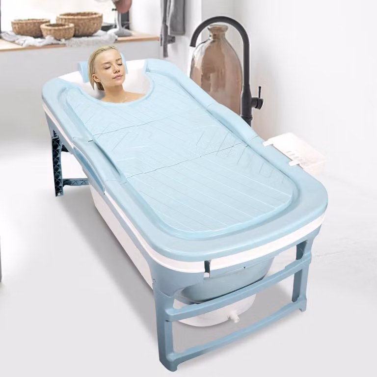 Ikodm, vasca da bagno pieghevole per adulti, 118 cm, vasca portatile pieghevole con coperchio e scarico per il bagno